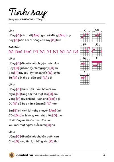 Hợp âm Tình say (Quốc Duy) – bản nhạc PDF trang 1, tông C