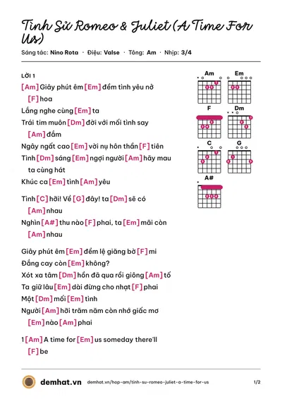 Hợp âm Tình Sử Romeo & Juliet (A Time For Us) (Ngọc Lan) – bản nhạc PDF trang 1, tông Am