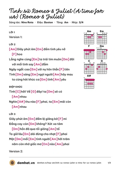 Hợp âm Tình sử Romeo & Juliet (A time for us) (Romeo & Juliet) (Nino Rota) – bản nhạc PDF trang 1, tông Am