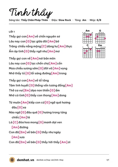 Hợp âm Tình thầy (Tăng thân Làng Mai) – bản nhạc PDF trang 1, tông Am