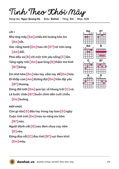 Hợp âm Tình Theo Khói Mây (Trà Song Thảo) – bản nhạc PDF trang 1, tông Em