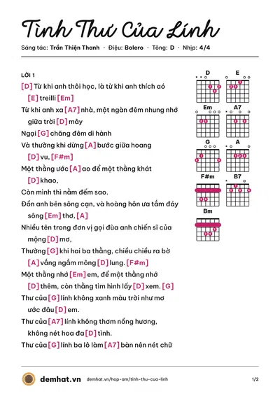 Hợp âm Tình Thư Của Lính (Mỹ Lan) – bản nhạc PDF trang 1, tông D