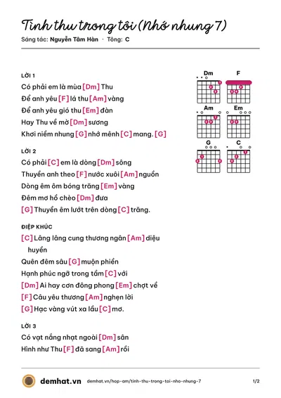 Hợp âm Tình thu trong tôi (Nhớ nhung 7) (Hương Giang) – bản nhạc PDF trang 1, tông C