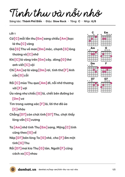 Hợp âm Tình thu và nỗi nhớ (Thành Phố Biển) – bản nhạc PDF trang 1, tông C