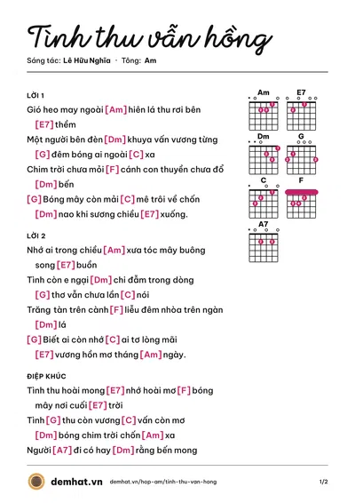 Hợp âm Tình thu vẫn hồng (Hà Thảo) – bản nhạc PDF trang 1, tông Am