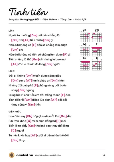 Hợp âm Tình tiền (Hoàng Ngọc Hải) – bản nhạc PDF trang 1, tông Dm