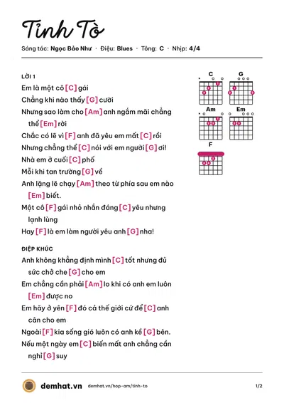 Hợp âm Tỉnh Tò (Ngọc Bảo Như) – bản nhạc PDF trang 1, tông C