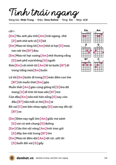 Hợp âm Tình trái ngang (La Sương Sương) – bản nhạc PDF trang 1, tông Em