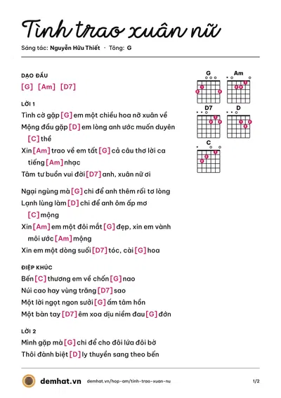 Hợp âm Tình trao xuân nữ (Thanh Tuyền (trước 75)) – bản nhạc PDF trang 1, tông G
