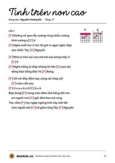 Hợp âm Tình trên non cao (Y Jang Tuyn) – bản nhạc PDF trang 1, tông F