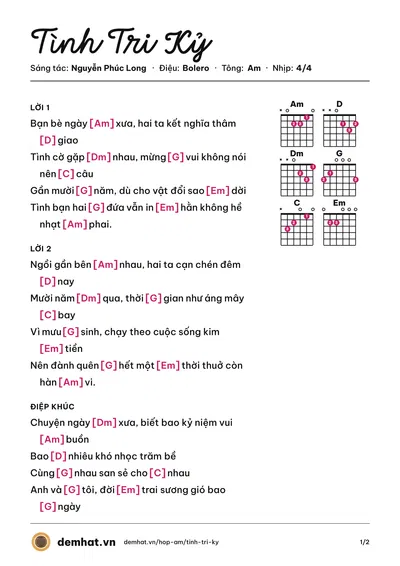 Hợp âm Tình Tri Kỷ (Thiên Quang) – bản nhạc PDF trang 1, tông Am