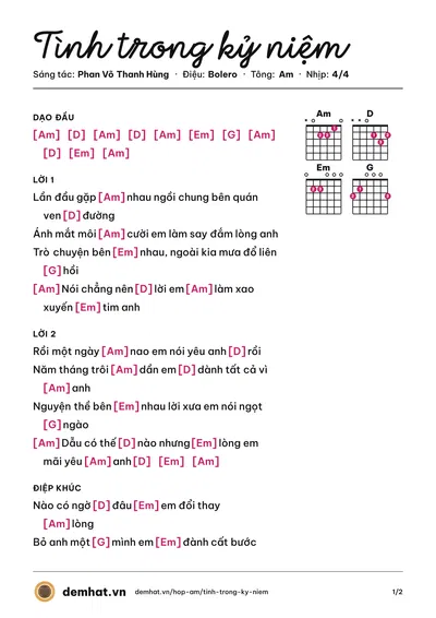 Hợp âm Tình trong kỷ niệm (Đăng Anh) – bản nhạc PDF trang 1, tông Am