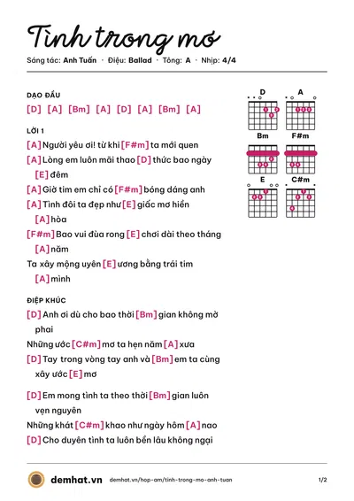 Hợp âm Tình trong mơ (Cẩm Ly) – bản nhạc PDF trang 1, tông A