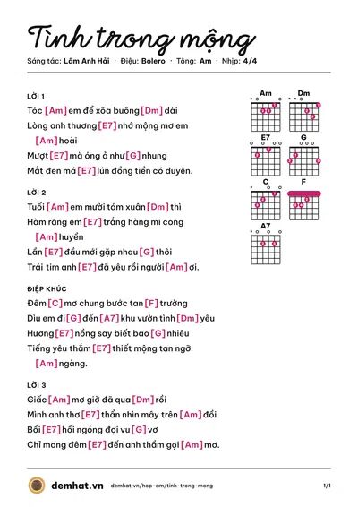Hợp âm Tình trong mộng (Trường Sơn) – bản nhạc PDF trang 1, tông Am