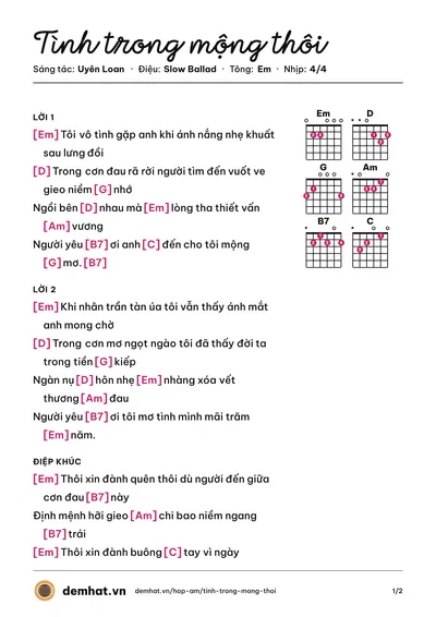 Hợp âm Tình trong mộng thôi (Clara Ngo) – bản nhạc PDF trang 1, tông Em