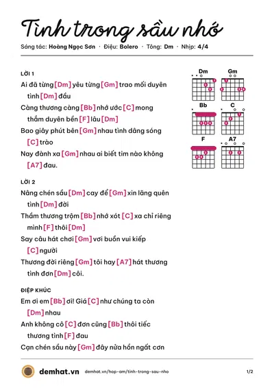 Hợp âm Tình trong sầu nhớ (Hoàng Ngọc Sơn) – bản nhạc PDF trang 1, tông Dm