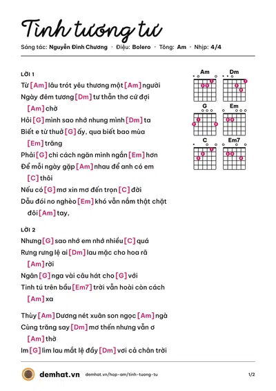 Hợp âm Tình tương tư (Nguyễn Đình Chương) – bản nhạc PDF trang 1, tông Am