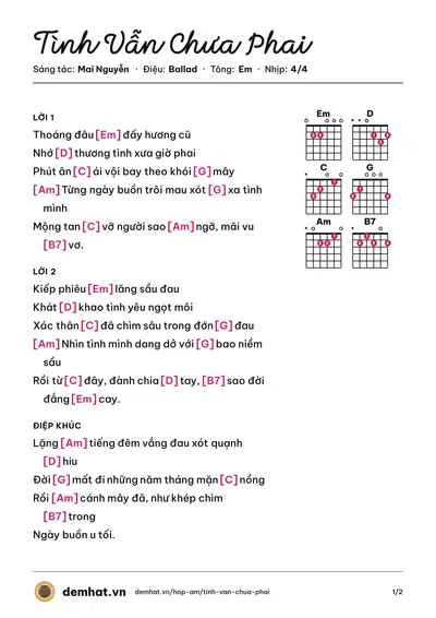 Hợp âm Tình Vẫn Chưa Phai (Thu Thảo) – bản nhạc PDF trang 1, tông Em