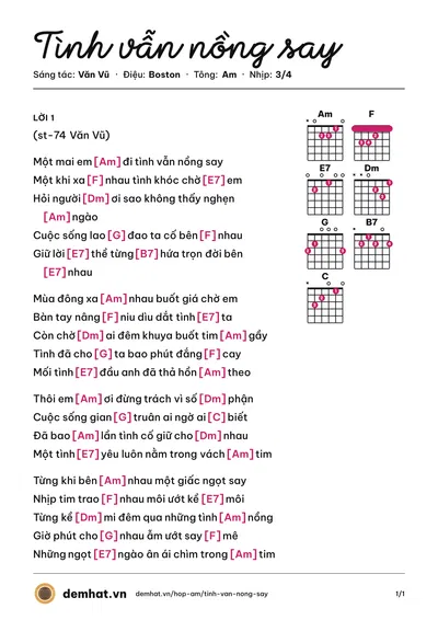 Hợp âm Tình vẫn nồng say (Văn Vũ) – bản nhạc PDF trang 1, tông Am