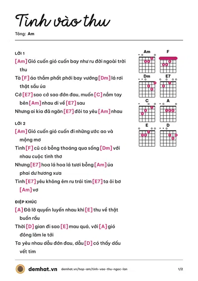 Hợp âm Tình vào thu (Ngọc Lan) – bản nhạc PDF trang 1, tông Am