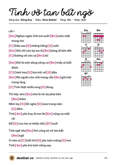 Hợp âm Tình vỡ tan bất ngờ (Tiêu Châu Như Quỳnh) – bản nhạc PDF trang 1, tông Em