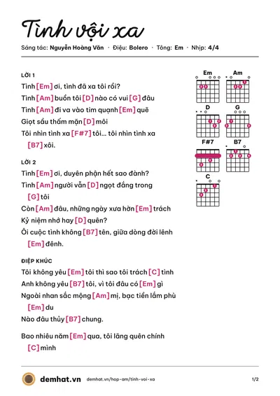 Hợp âm Tình vội xa (Hiền Anh) – bản nhạc PDF trang 1, tông Em
