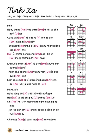Hợp âm Tình Xa (Khánh Ly) – bản nhạc PDF trang 1, tông Am
