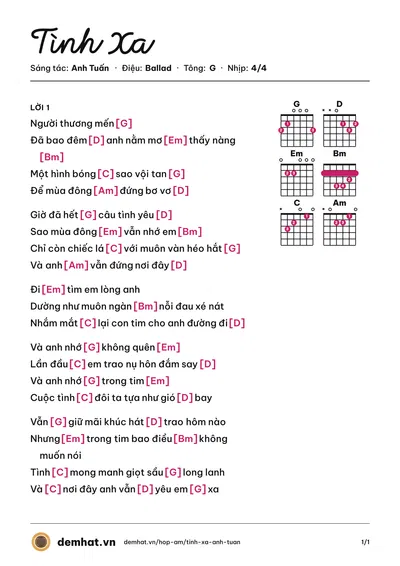 Hợp âm Tình Xa (MTV) – bản nhạc PDF trang 1, tông G