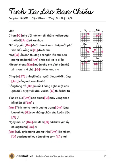 Hợp âm Tình Xa Lúc Ban Chiều (K-ICM) – bản nhạc PDF trang 1, tông C