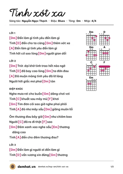Hợp âm Tình xót xa (Lưu Bích) – bản nhạc PDF trang 1, tông Dm