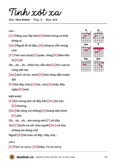 Hợp âm Tình xót xa (Thúy Hằng) – bản nhạc PDF trang 1, tông C