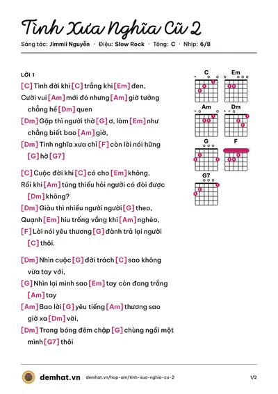 Hợp âm Tình Xưa Nghĩa Cũ 2 (Jimmii Nguyễn) – bản nhạc PDF trang 1, tông C