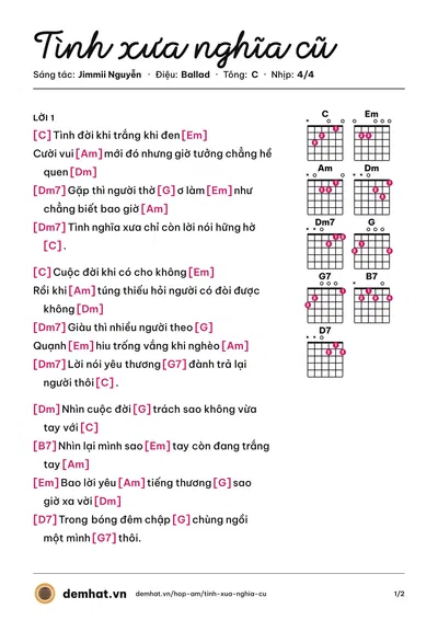 Hợp âm Tình xưa nghĩa cũ (Jimmii Nguyễn) – bản nhạc PDF trang 1, tông C