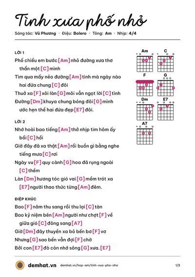 Hợp âm Tình xưa phố nhỏ (Vũ Phương) – bản nhạc PDF trang 1, tông Am