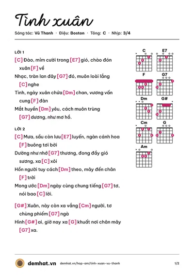 Hợp âm Tình xuân (Vũ Thanh) – bản nhạc PDF trang 1, tông C