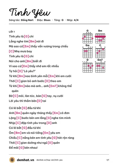 Hợp âm Tình Yêu (Đồng Nart) – bản nhạc PDF trang 1, tông G