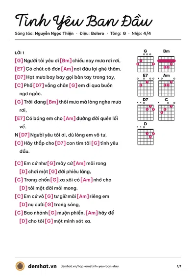 Hợp âm Tình Yêu Ban Đầu (Quang Linh) – bản nhạc PDF trang 1, tông G