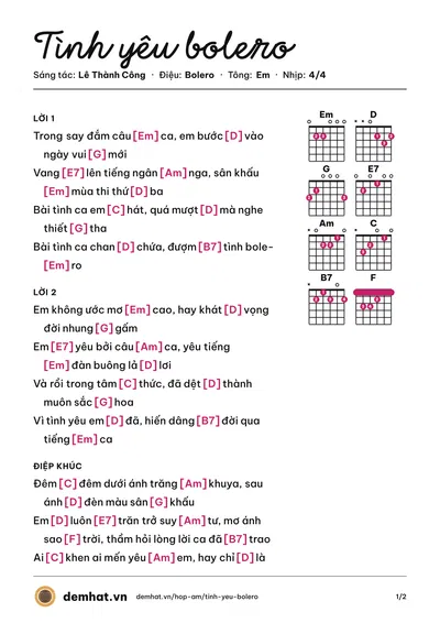 Hợp âm Tình yêu bolero (Lê Thành Công) – bản nhạc PDF trang 1, tông Em