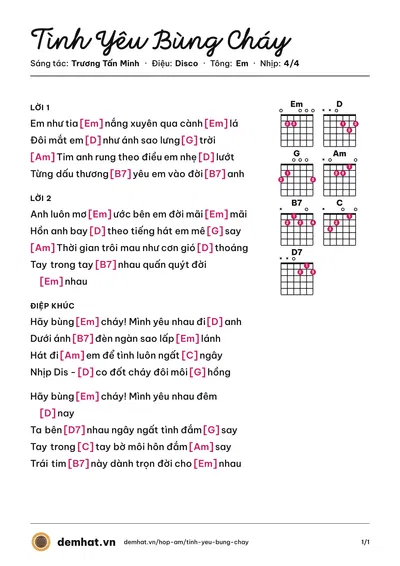 Hợp âm Tình Yêu Bùng Cháy (An Tuyên) – bản nhạc PDF trang 1, tông Em