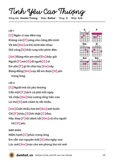 Hợp âm Tình Yêu Cao Thượng (Phạm Quỳnh Anh) – bản nhạc PDF trang 1, tông C