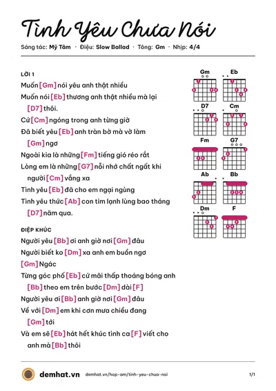 Hợp âm Tình Yêu Chưa Nói (Mỹ Tâm) – bản nhạc PDF trang 1, tông Gm