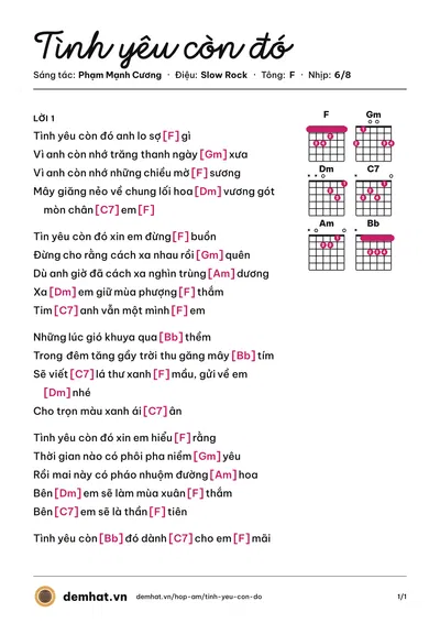 Hợp âm Tình yêu còn đó (Xuân Phú) – bản nhạc PDF trang 1, tông F
