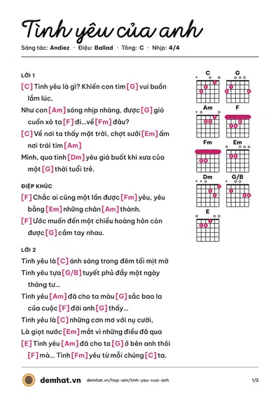 Hợp âm Tình yêu của anh (Andiez) – bản nhạc PDF trang 1, tông C