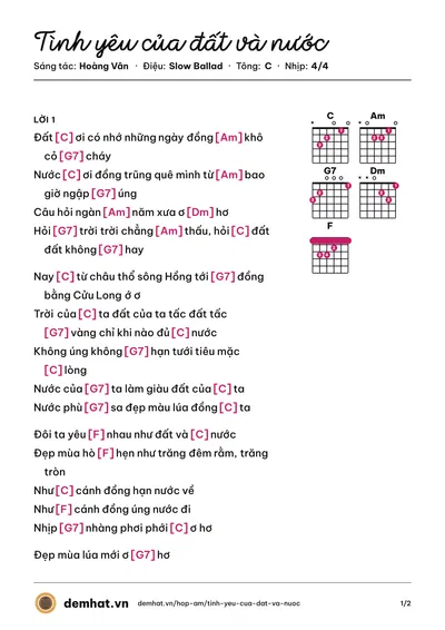Hợp âm Tình yêu của đất và nước (Trọng Tấn) – bản nhạc PDF trang 1, tông C