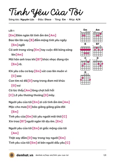 Hợp âm Tình Yêu Của Tôi (Thanh Thảo) – bản nhạc PDF trang 1, tông Em