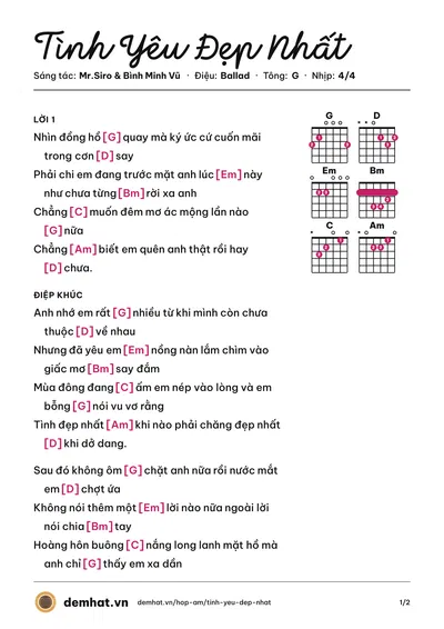 Hợp âm Tình Yêu Đẹp Nhất (Bình Minh Vũ) – bản nhạc PDF trang 1, tông G