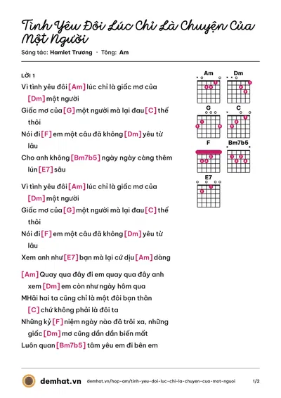 Hợp âm Tình Yêu Đôi Lúc Chỉ Là Chuyện Của Một Người (Hamlet Trương) – bản nhạc PDF trang 1, tông Am