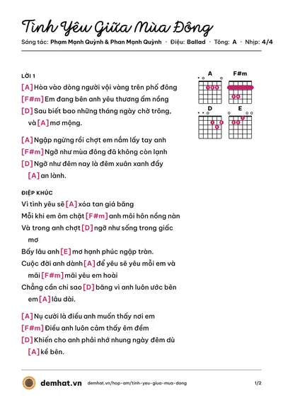 Hợp âm Tình Yêu Giữa Mùa Đông (Akira Phan) – bản nhạc PDF trang 1, tông A