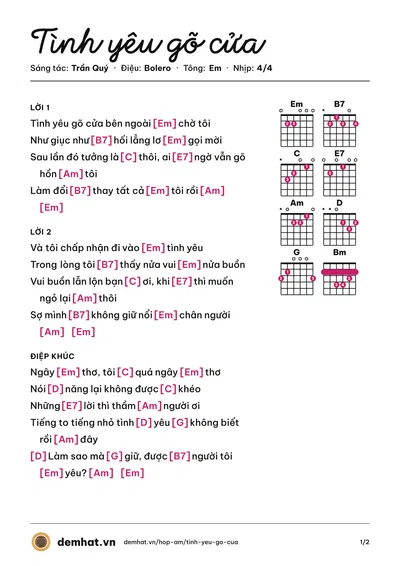Hợp âm Tình yêu gõ cửa (Trần Quý) – bản nhạc PDF trang 1, tông Em