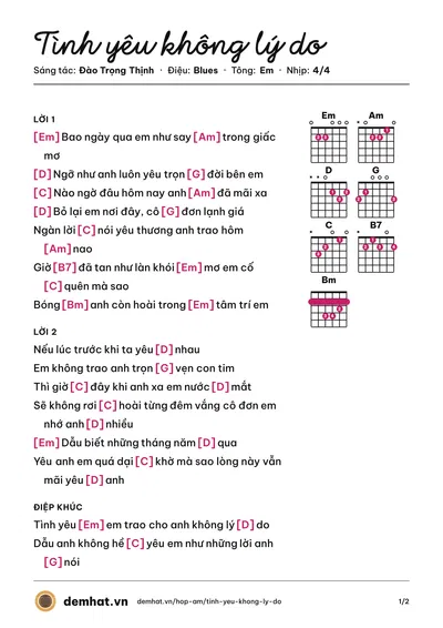 Hợp âm Tình yêu không lý do (Giang Hồng Ngọc) – bản nhạc PDF trang 1, tông Em